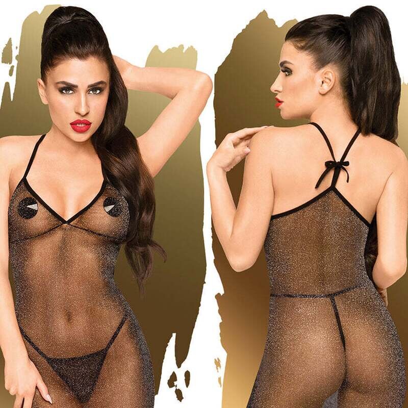 Penthouse Love On Fire Chemise Shimmer Dress With Thong-Black L/XL