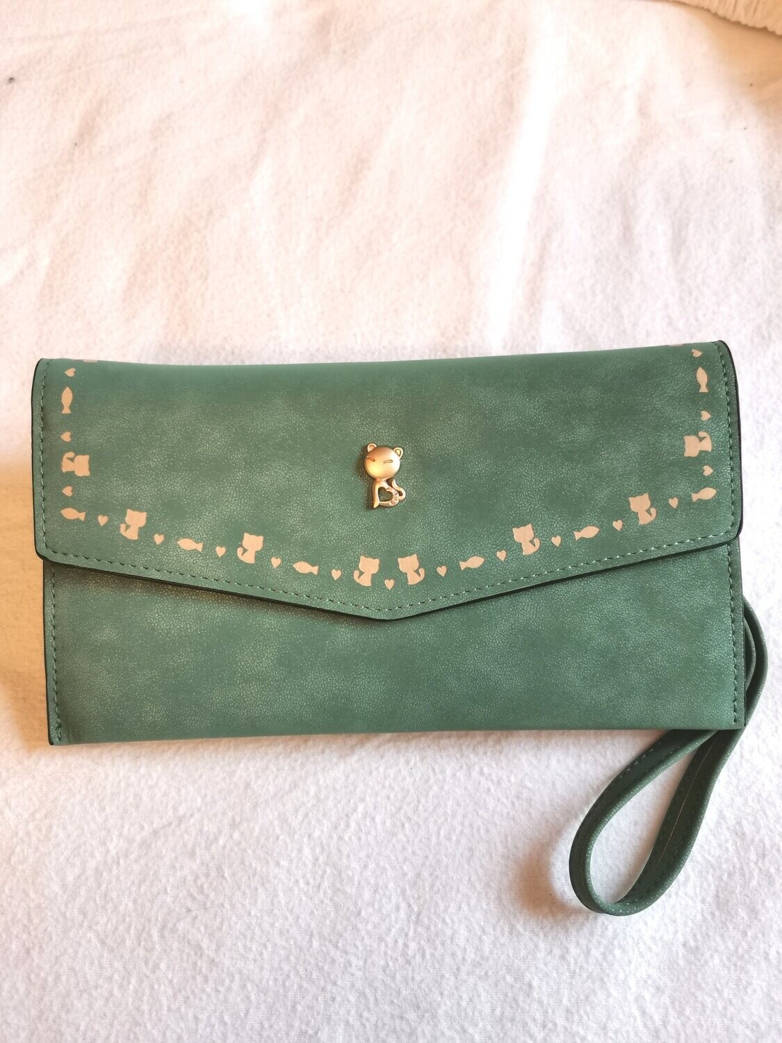 CARTERA DE MANO VERDE ADORNO GATOS