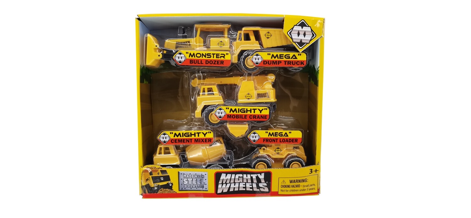 Mighty Wheels 3.5” Truck 5 pack set- Dump Truck, Front Loader, Cement Mixer, Mobile Crane, Bulldozer