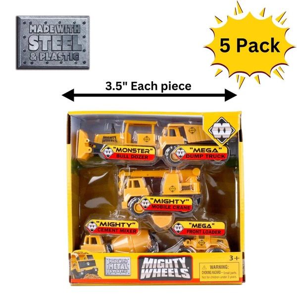 Mighty Wheels 3.5” Truck 5 pack set- Dump Truck, Front Loader, Cement Mixer, Mobile Crane, Bulldozer