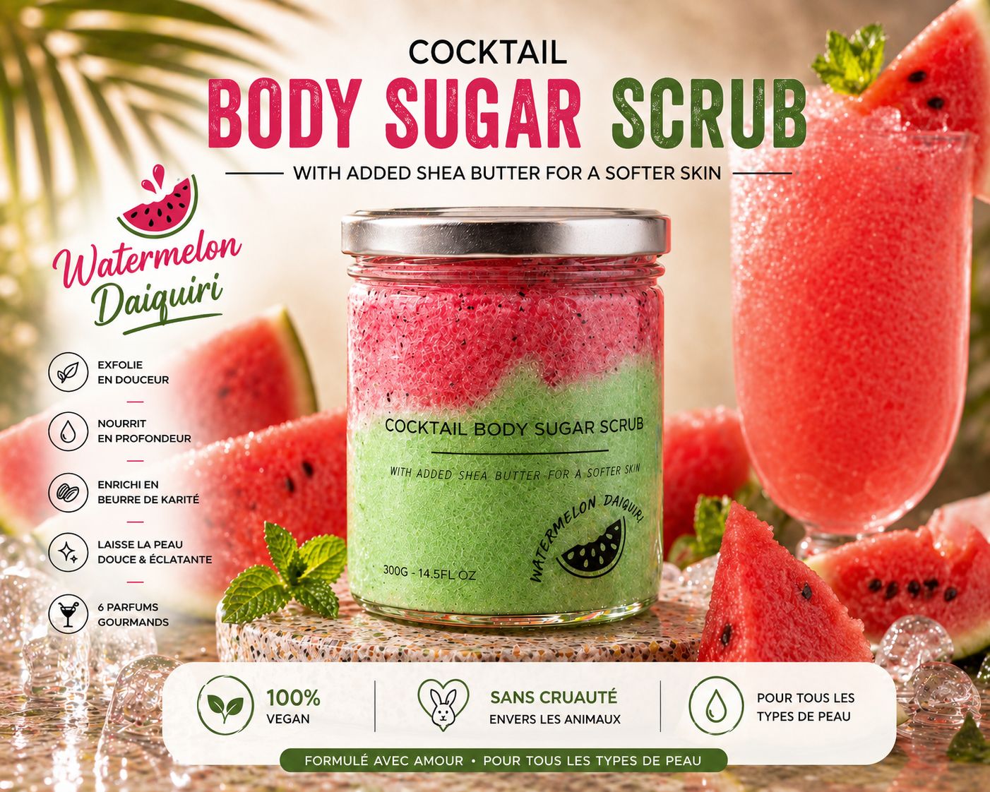 Titre  ? Gommage Gourmand au Sucre – Pastèque Daiquiri