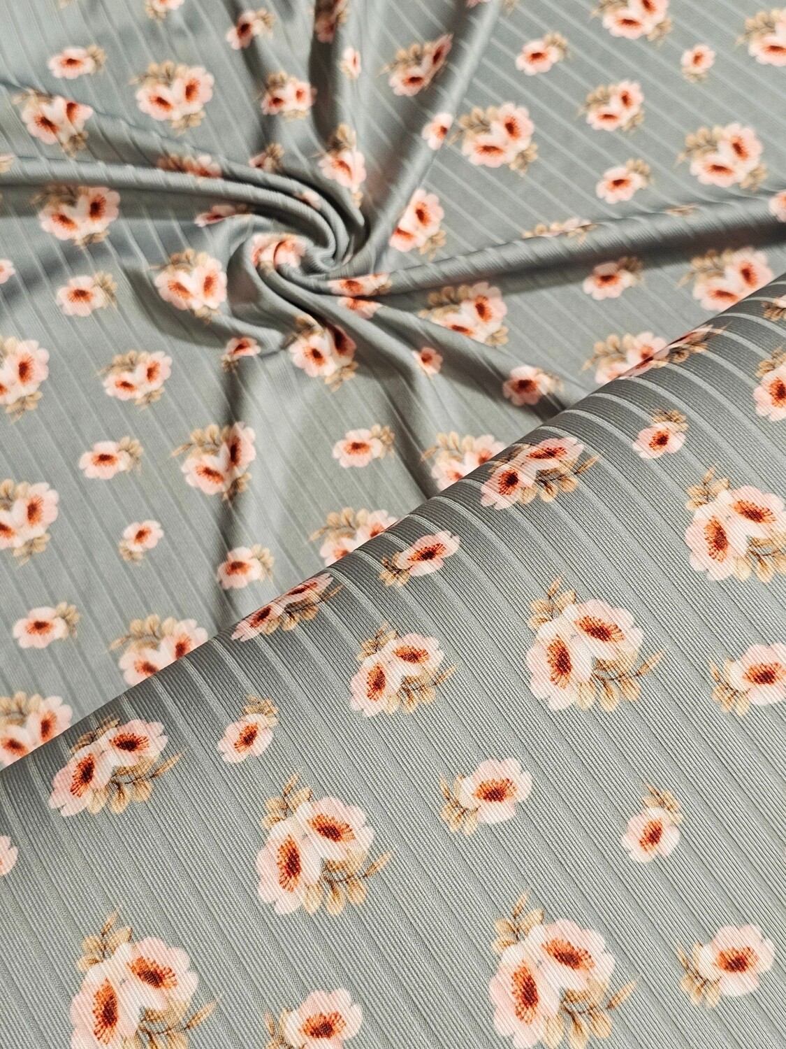 *Unique Design* Poly Ribbed Knit Rustic Peach Floral on Sage