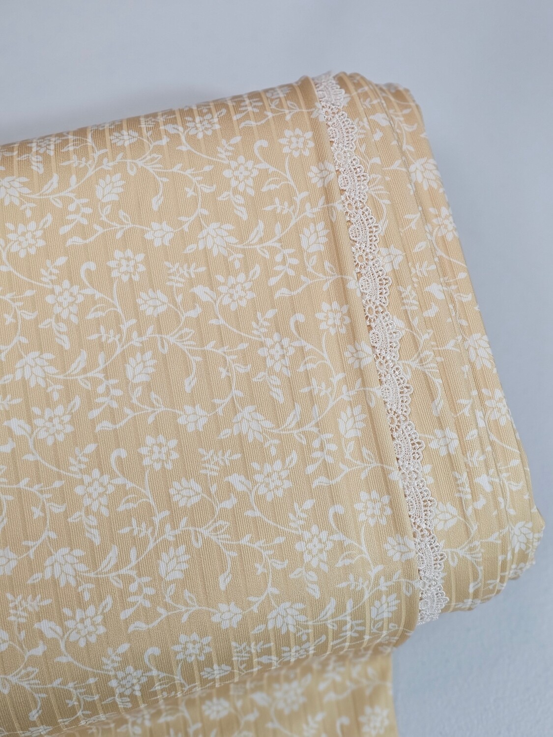 *Unique Design*Poly Ribbed Knit White Vine Floral on Yellow