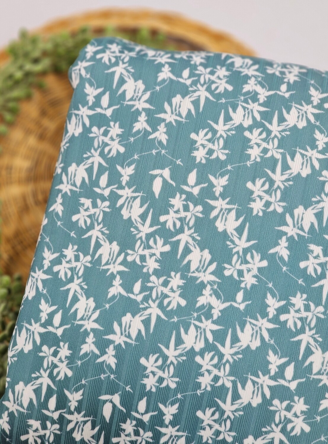 *Unique Design* Poly Ribbed Knit White Floral Aqua