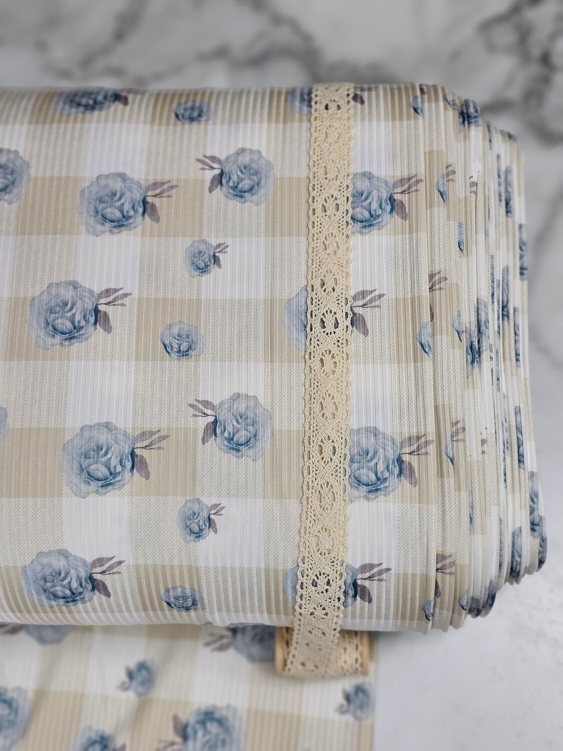 *Unique Design* Mini Poly Ribbed Knit Plaid Blue Roses