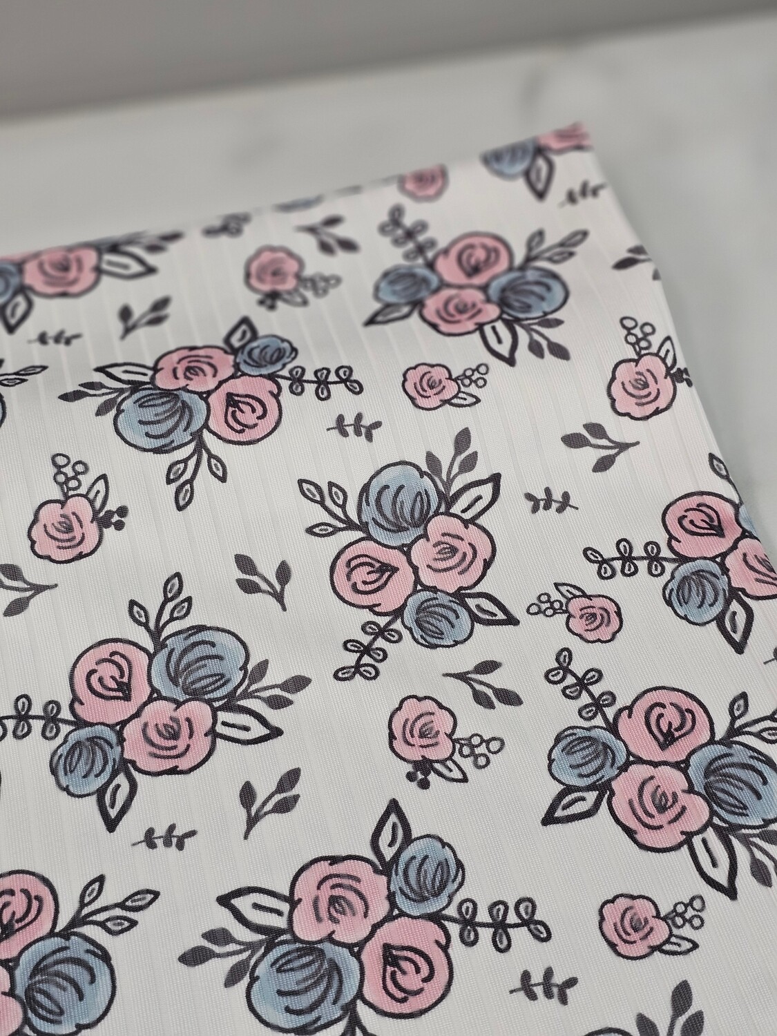 *Unique Design* Poly Ribbed Knit Watercolor Roses Blue/Rose