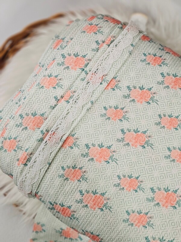 *Unique Design* Mini Poly Ribbed Knit Green Diamond Peach Floral