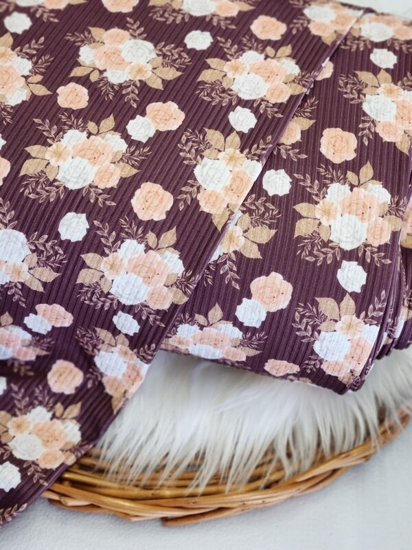 *Unique Design* Mini Poly Ribbed Knit Gold White Roses Dark Plum