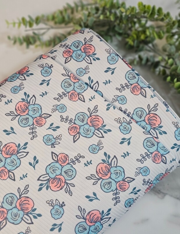 *Unique Design* Mini Poly Ribbed Knit Watercolor Roses Aqua/Coral