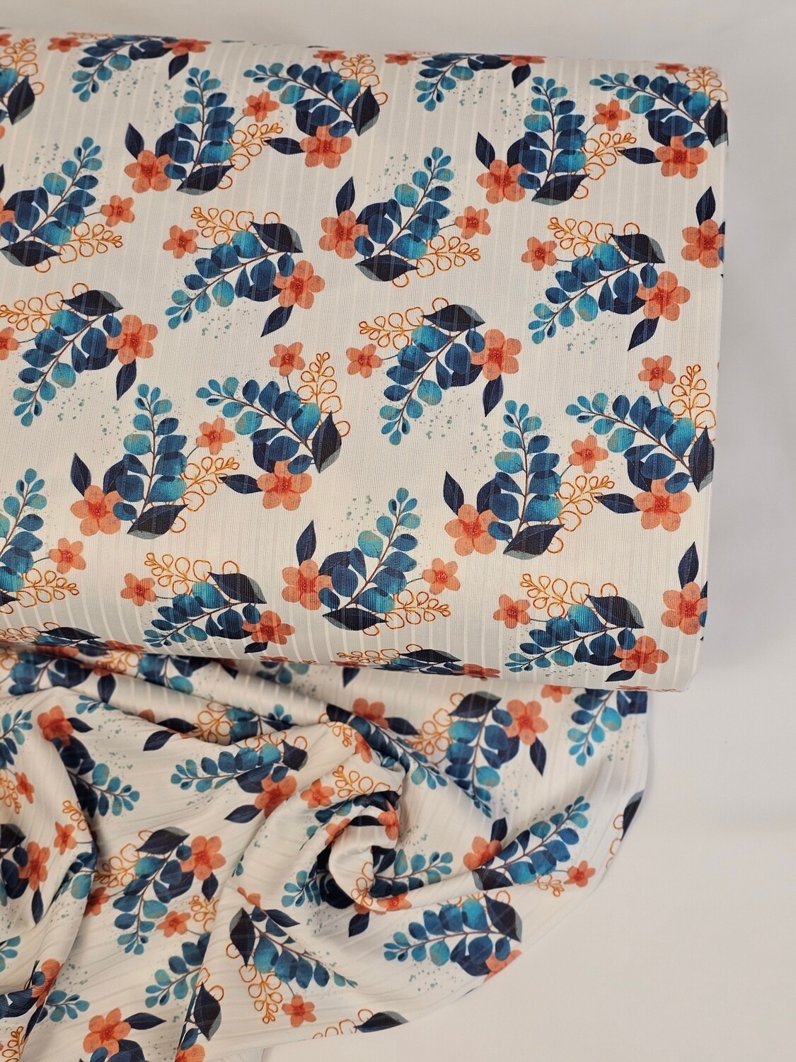 *Unique Design* Poly Ribbed Knit Orange &amp; Teal Floral