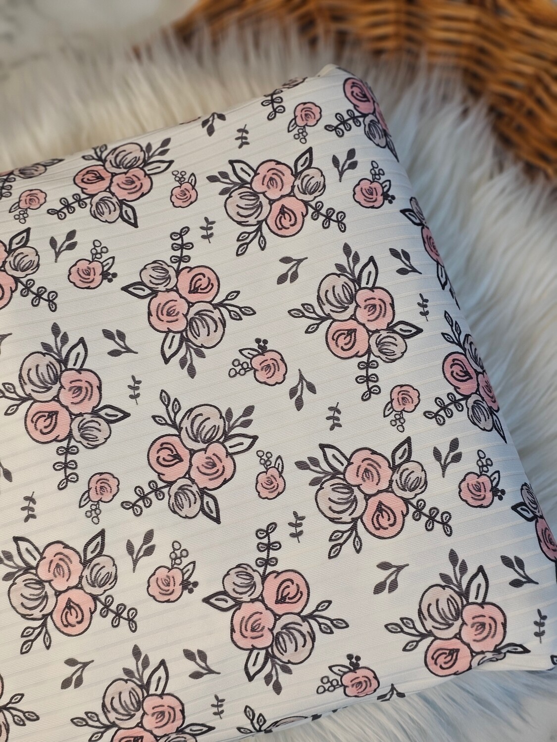 *Unique Design* Poly Ribbed Knit Watercolor Roses Blush/Tan