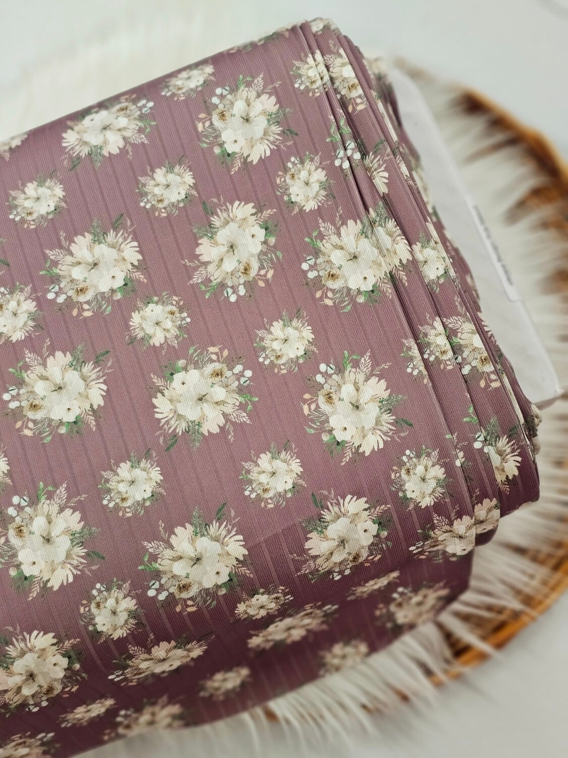 *Unique Design* Poly Ribbed Knit Tan Floral Mauve