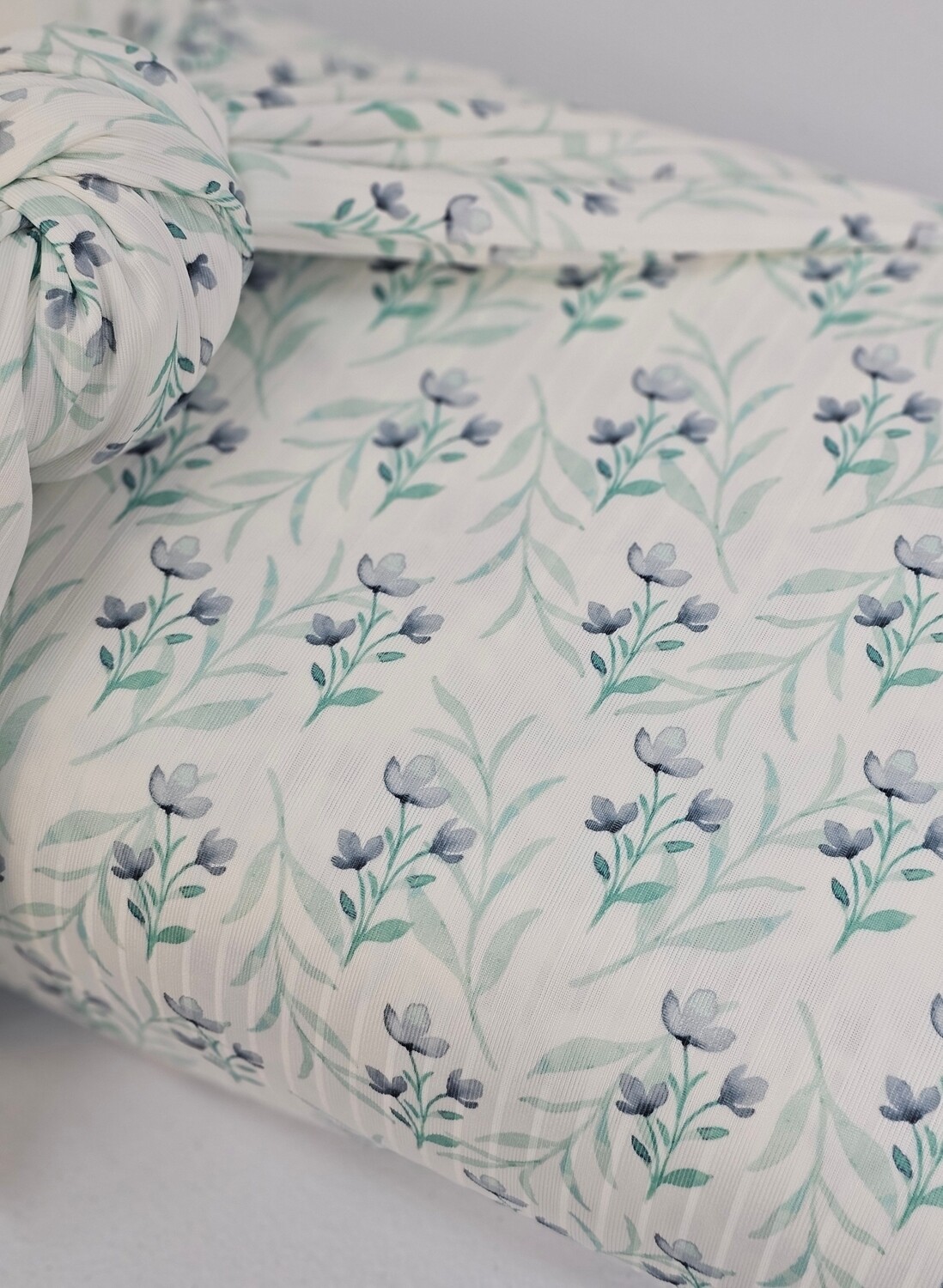 *Unique Design* Poly Ribbed Knit Dusty Blue Floral White