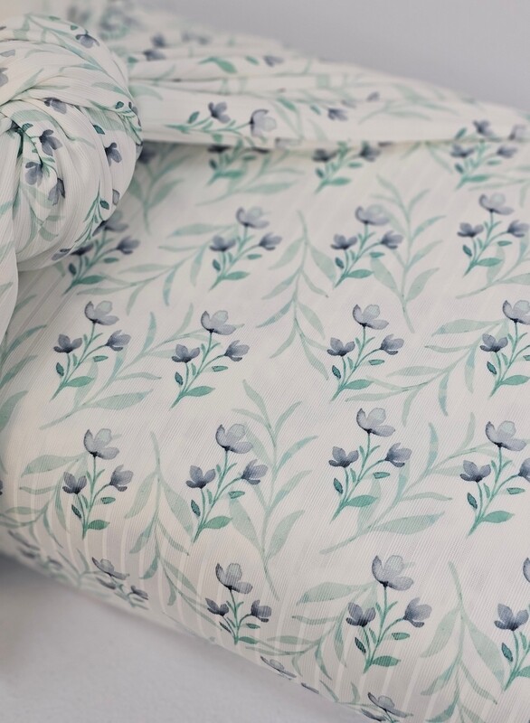 *Unique Design* Poly Ribbed Knit Dusty Blue Floral White