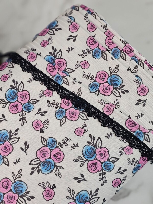 *Unique Design* Poly Ribbed Knit Watercolor Roses Blue/Plum