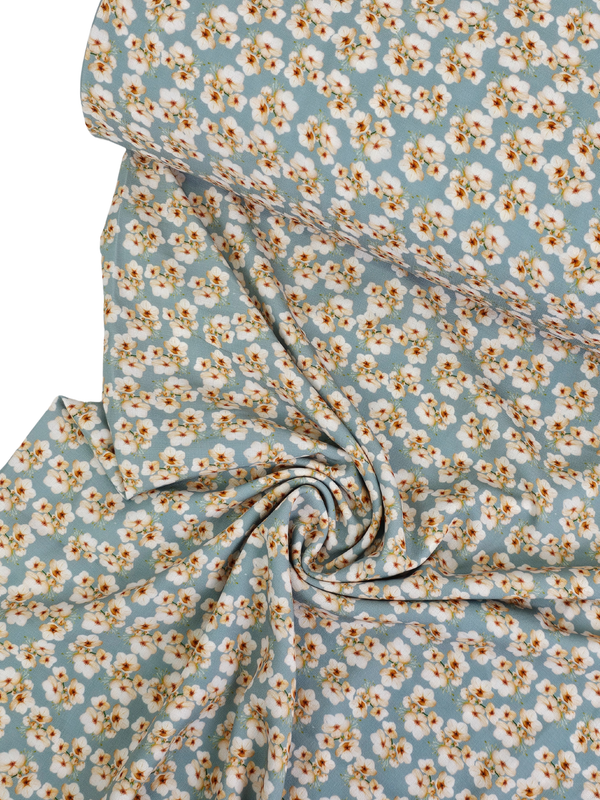 *Unique Design* Poly Slub Bitty Blossoms Ocean Fog