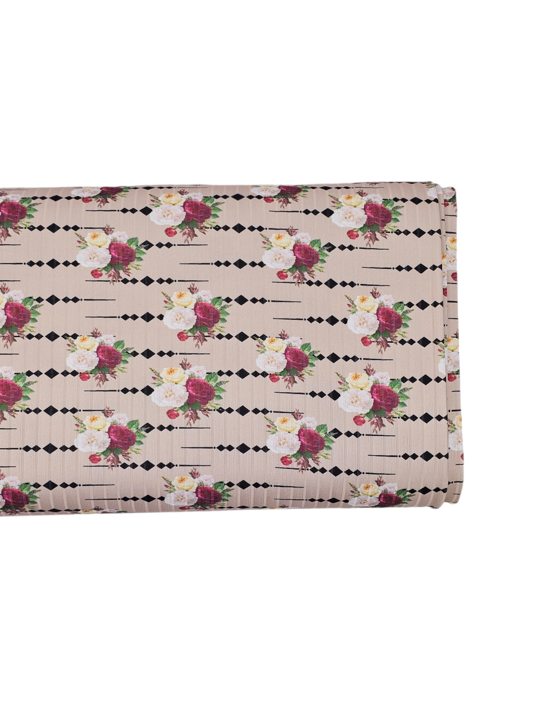 *Unique Design* Poly Ribbed Knit Maroon Floral Tan-1