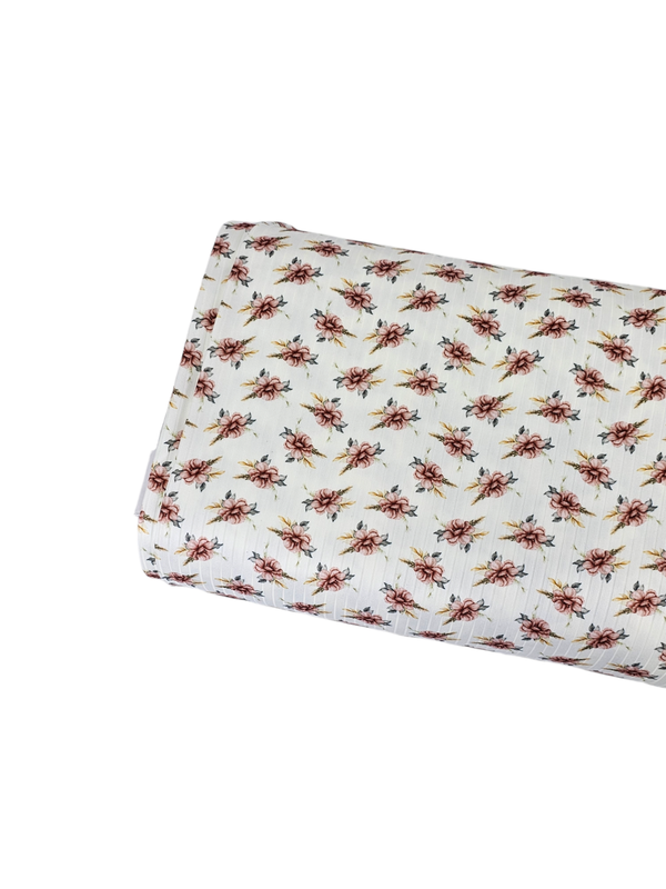 * Unique Design * Poly Ribbed Knit Pink Petals and Golden Leaves White