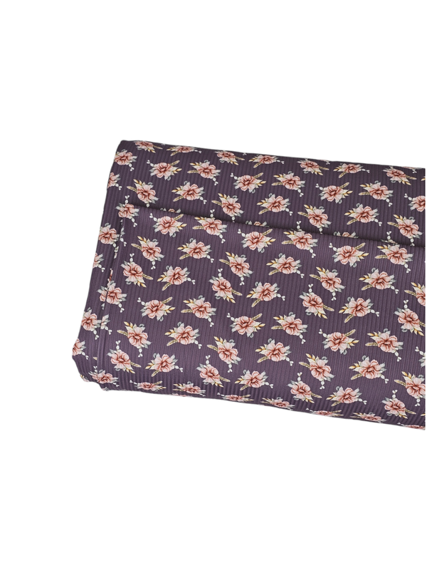 * Unique Design * Mini Poly Ribbed Knit Pink Petals and Golden Leaves Plum