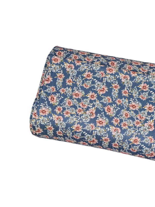 * Unique Design * Poly Ribbed Knit Vintage Floral Slate Blue