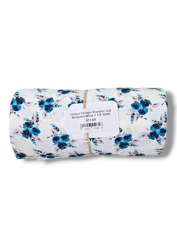 *Unique Design* Pineskin Teal Bouquets White 1 1/6 Yards