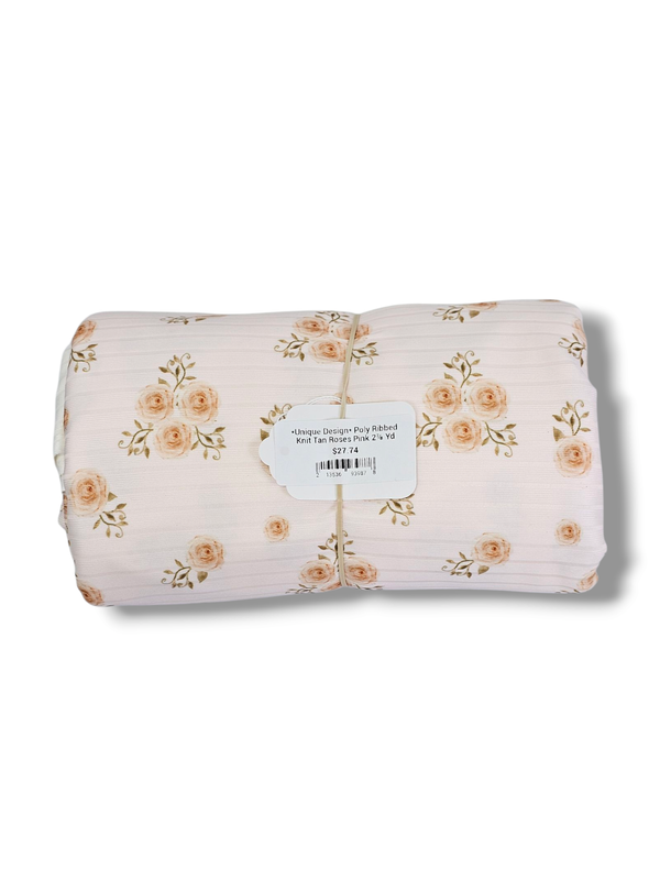 *Unique Design* Poly Ribbed Knit Tan Roses Pink 2⅞ Yd