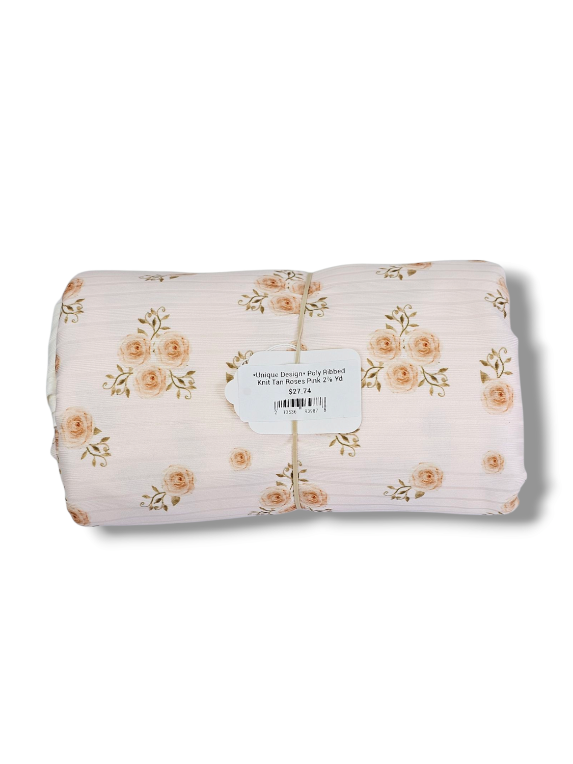*Unique Design* Poly Ribbed Knit Tan Roses Pink 2⅞ Yd