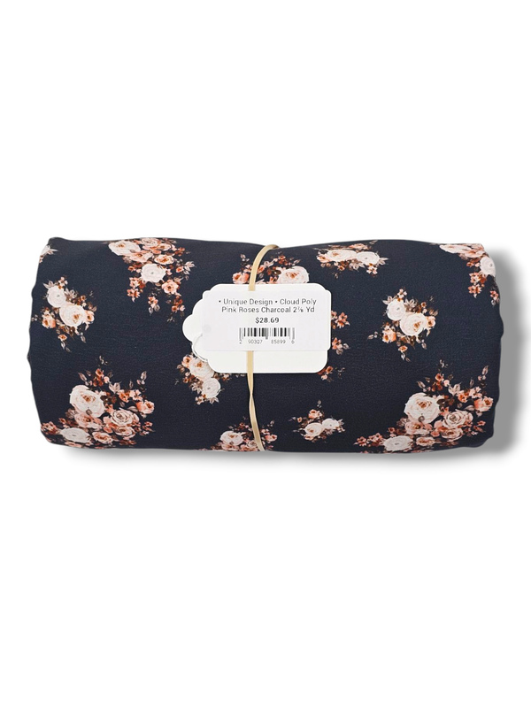* Unique Design * Cloud Poly Pink Roses Charcoal 2⅞ Yd