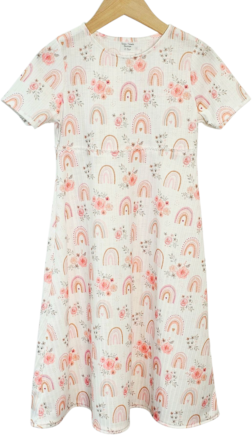 2-3 Yr Cotton Feel Ribbed Knit Dress Rainbow Blossoms