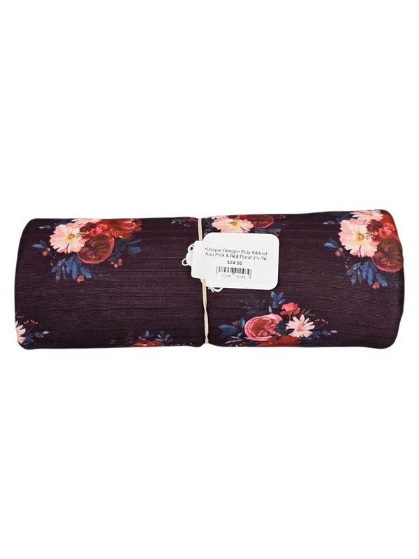 *Unique Design* Poly Ribbed Knit Pink &amp; Red Floral 2½ Yd