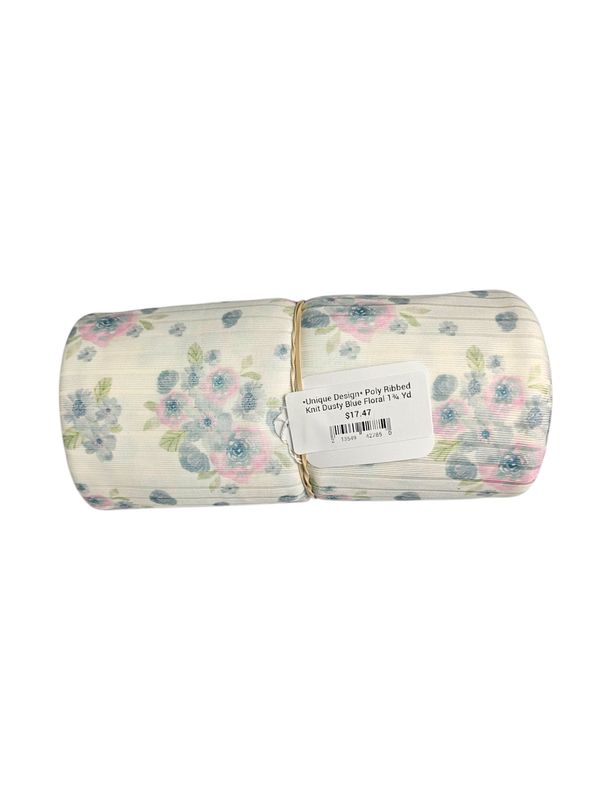 *Unique Design* Poly Ribbed Knit Dusty Blue Floral 1¾ Yd