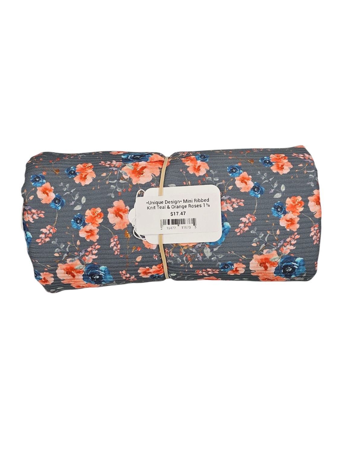 *Unique Design* Mini Ribbed Knit Teal &amp; Orange Roses 1¾ yards