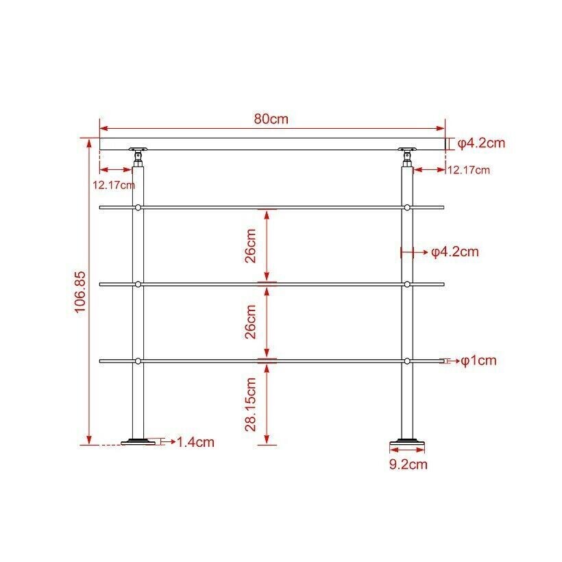 Edelstahl Treppengeländer  Handlauf Geländer Balkongeländer 3 Querstäbe, Länge:: Treppengitter 80cm