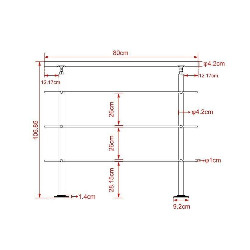 Edelstahl Treppengeländer Handlauf Geländer Balkongeländer 3 Querstäbe, Länge:: Treppengitter 80cm