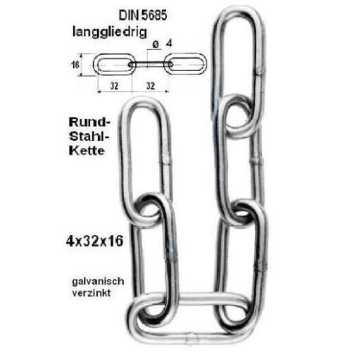 Kette verzinkt 4 mm Rundstahlkette 30 m langgliedrig Bund Stahlkette DIN 5685C