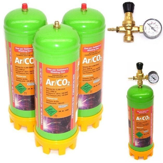 3x Einweg Schutzgasflasche 2.2L CO2 Argon Mischgas 51601 + Gasdruckminderer 51611