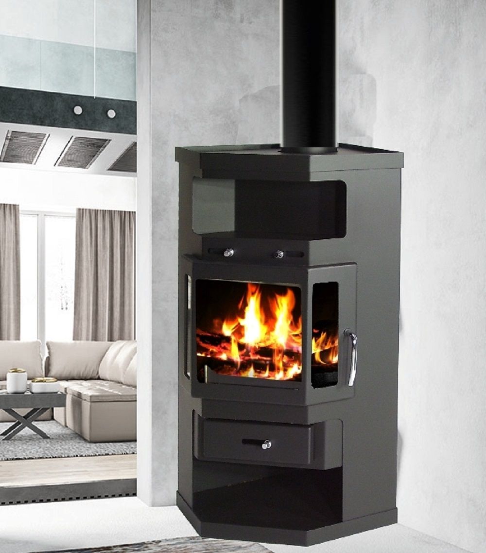 Panorama Kaminofen 9kW Holzofen 3 Scheiben 3 seitig Heizofen Ofen Eck Kamin Eckkaminofen 56320