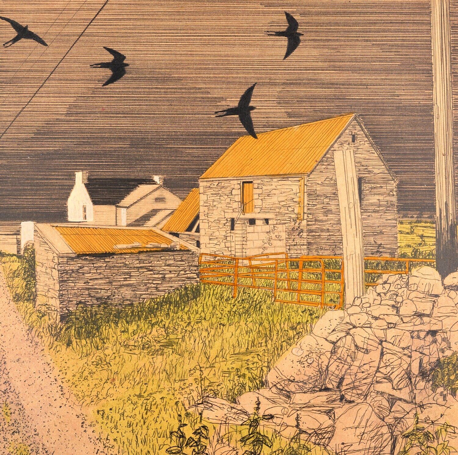 Niall Naessens, 'Derelict Sheds and Swallows', framed