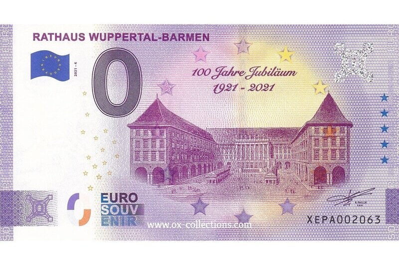 DE - Rathaus Wuppertal-Barmen - 2021-04 Zero Euro Note Rathaus Wuppertal-Barmen 2021-4 Anni souvenir
