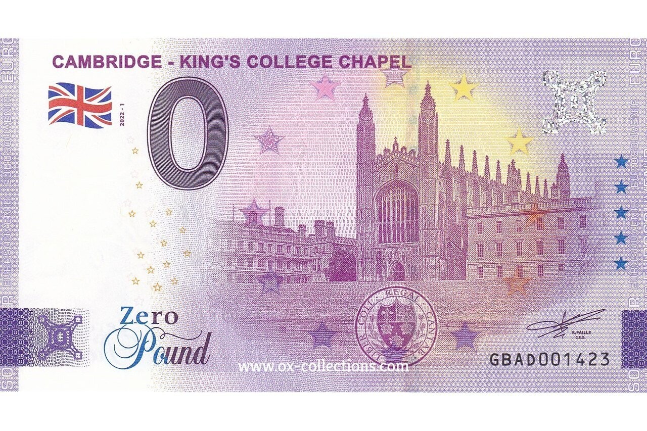Zero Euro Note Cambridge King's Chapel 2022-1 souvenir