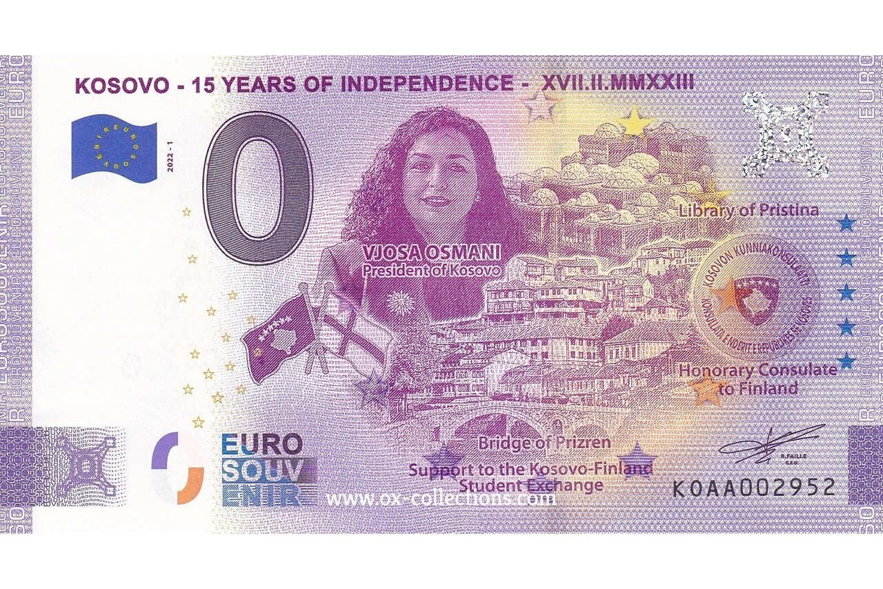 0 Euro-Schein Kosovo 15 Years Independence 2022-1 Anni Souvenir
