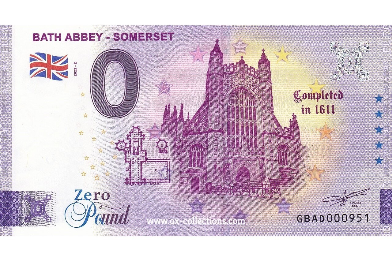 Zero Euro Note Bath Abbey Somerset 2022-2 souvenir