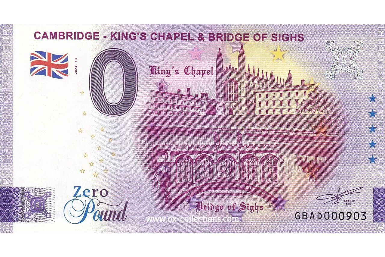 Zero Euro Note Cambridge King's Chapel 2023-13 souvenir