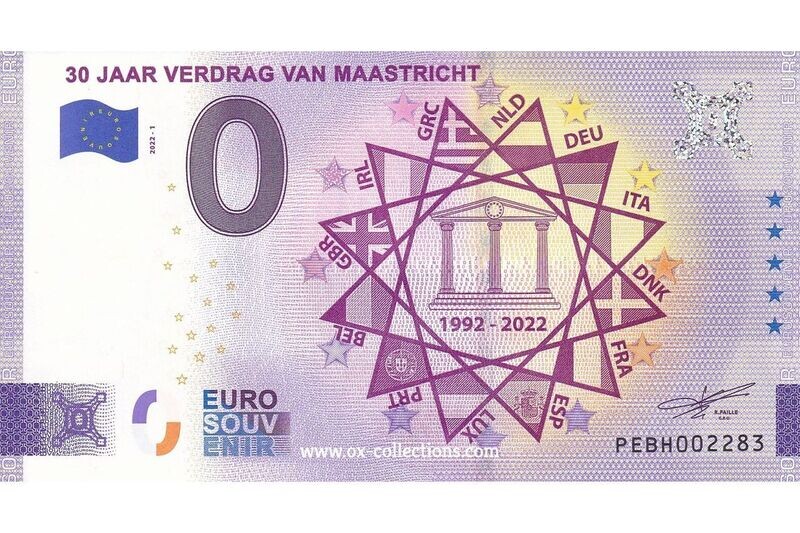 NL - 30 Jaar Verdrag van Maastricht - 2022-01 Zero Euro Note 30 Jaar Verdrag van Maastricht 2022-1 souvenir
