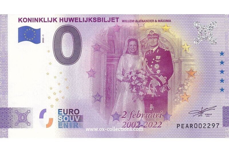 NL - Koninklijk Huwelijksbiljet - 2022-01 Zero Euro Note Koninklijk Huwelijksbiljet 2022-1 souvenir