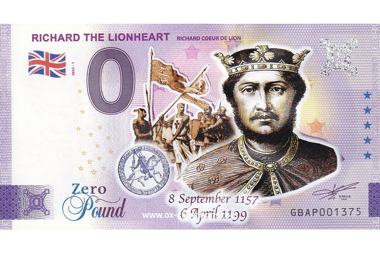 Zero Euro Note Richard the Lionheart COLOR 2022-1 souvenir