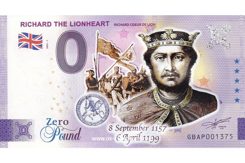 Zero Euro Note Richard the Lionheart COLOR 2022-1 souvenir