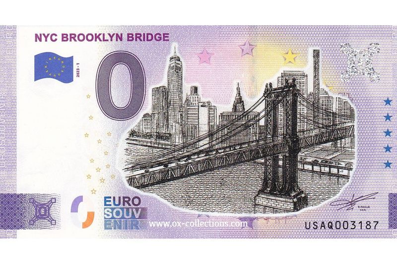 Zero Euro Note NYC Brooklyn Bridge COLOR 2023-1 souvenir