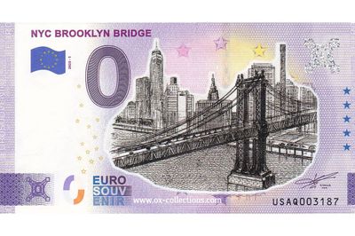 Zero Euro Note NYC Brooklyn Bridge COLOR 2023-1 souvenir