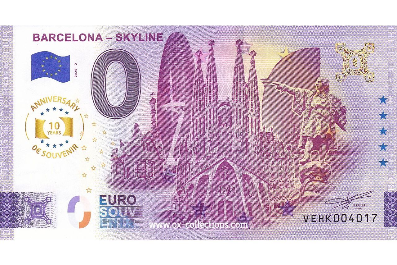 Zero Euro Note Barcelona Skyline 2025-2 Anni souvenir